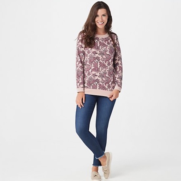 Denim&Co Printed Waffle Long-Sleeve Top Medium - Picture 2 of 4